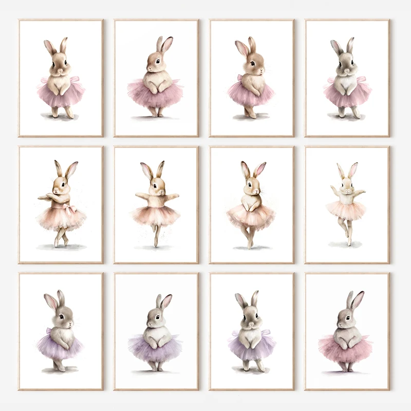 Cute Ballerina Bunny Bear Woodland Animals Posters and Prints Canvas Printing Wall Art Picture for Girls Bedroom Home Decor Gift