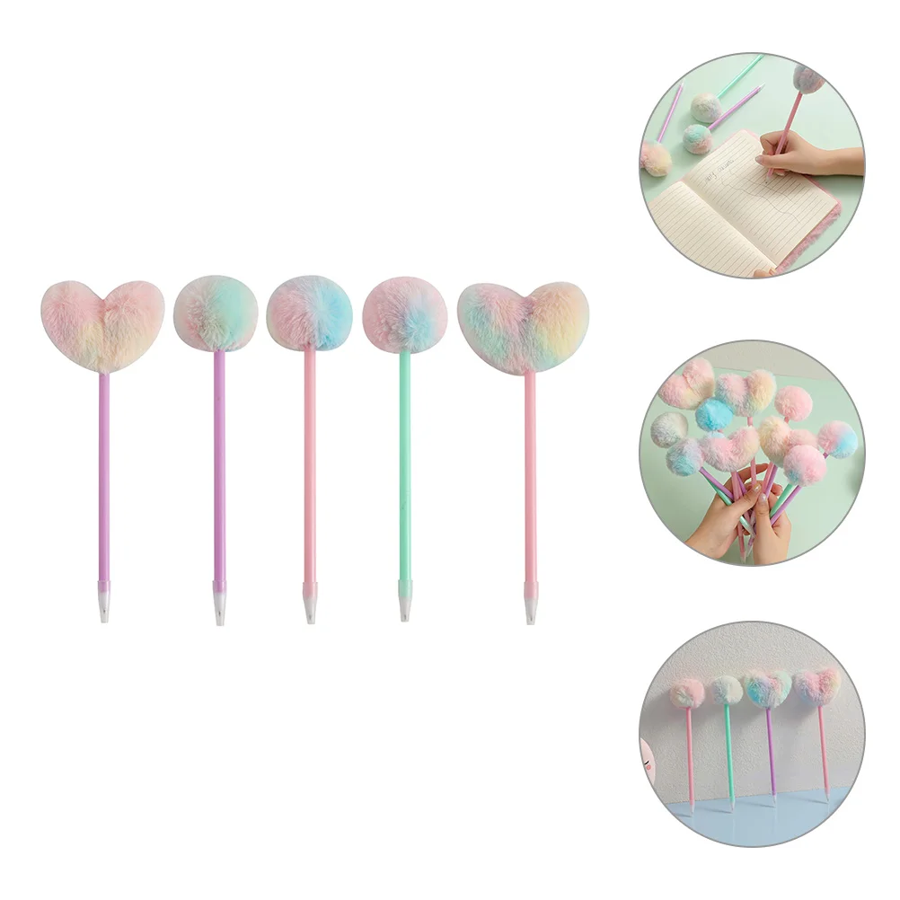 5Pcs Heart Shaped Fluffy Ball Pens Creative Decorative Plush Writing Instruments Pink Purple Novelty Stationery Supplies Gel Pen