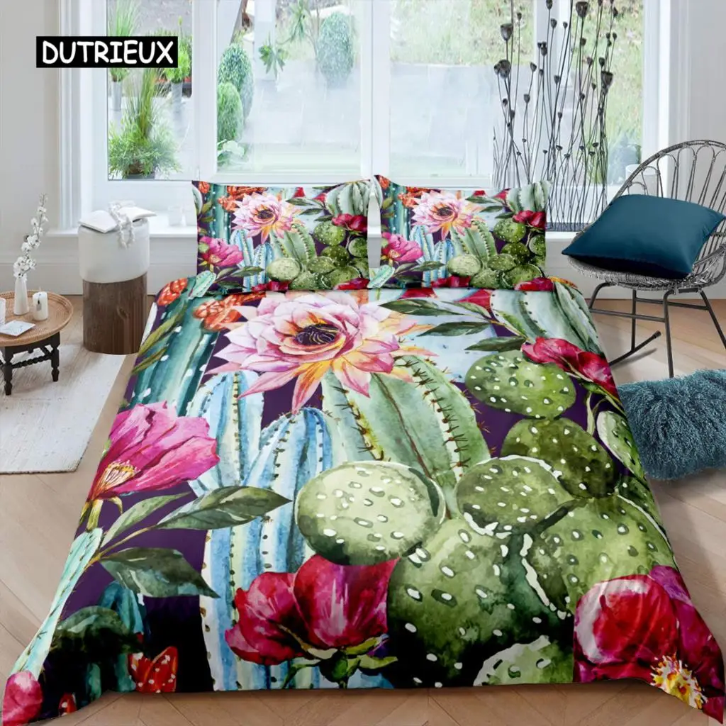 

Cactus Duvet Cover Set King Size Hand Painted Style Bedding Set Nature Art Prints Comforter Cover Green Plant Cactus Quilt Cover