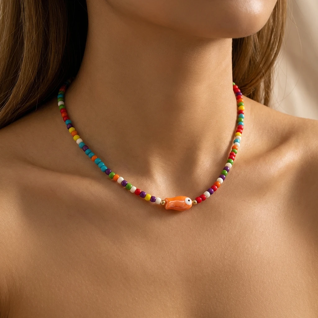 Bohemian Rice Beads Ceramic Fish Necklace for Women Handmade Colorful Beaded Choker Summer Beach Vacation Party Jewelry Gift