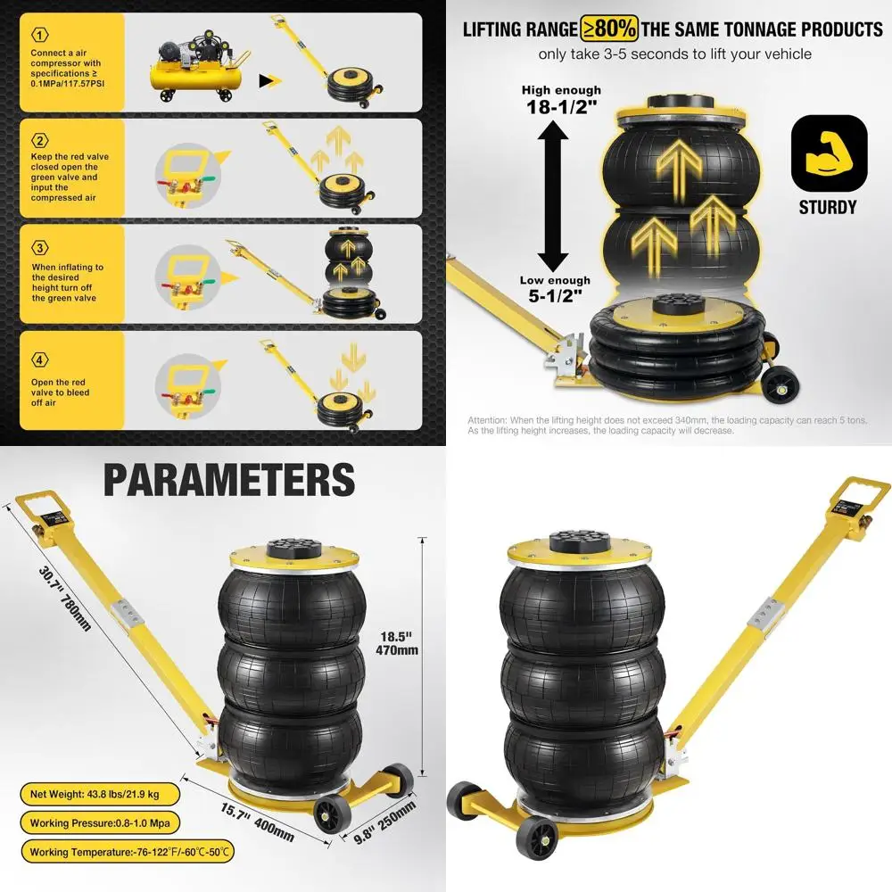 

5-Ton Airbag Jack with Extendable Handle and Six Steel Tubes, Reaches 18.5 Lift, 3-5s Quick Pneumatic Car Lift for Repairs