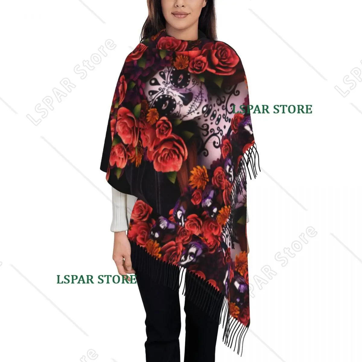 Custom Halloween  Sugar Skull Scarf Wrap Women Long Winter Warm Tassel Shawl Unisex Day Of The Dead Mexican Lady Scarves