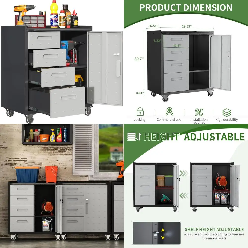 Heavy-Duty Metal Rolling Tool Cabinet with 4 Drawers for Garage Storage Solutions