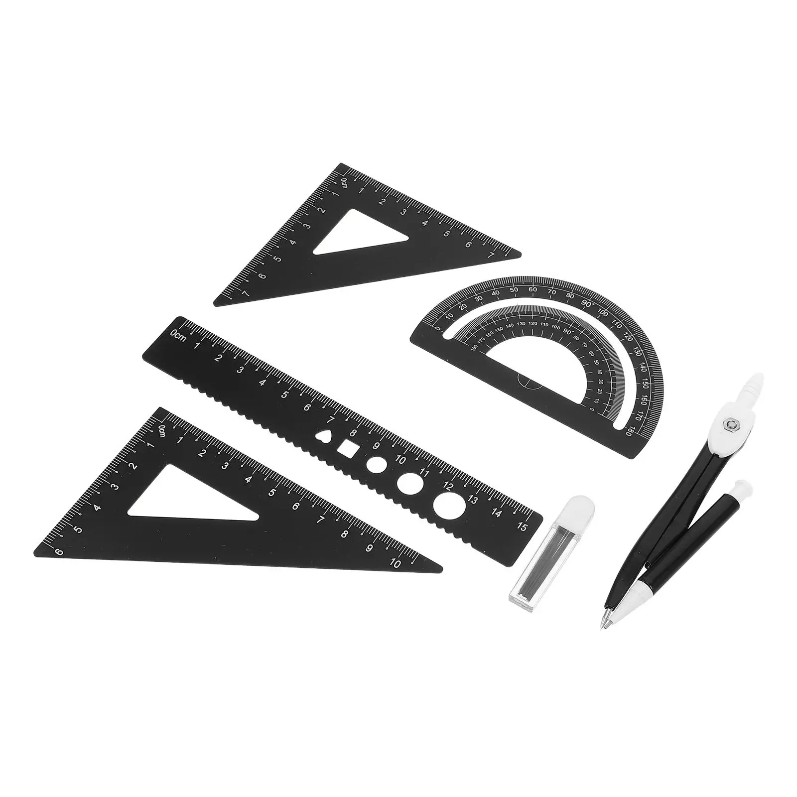 5pcs Ruler Set Black Aluminum Multi-functional Drawing Tools Engineer Compass Triangular Precision Measurement Metal Instruments