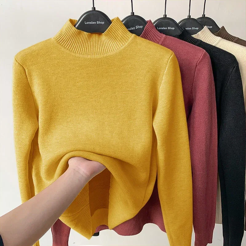 Half Turtleneck Warm Soft Knitwear Jumper Simple Plush Velvet Thicken Women Sweater New Soft Long Sleeve Slim Pullover Sweaters