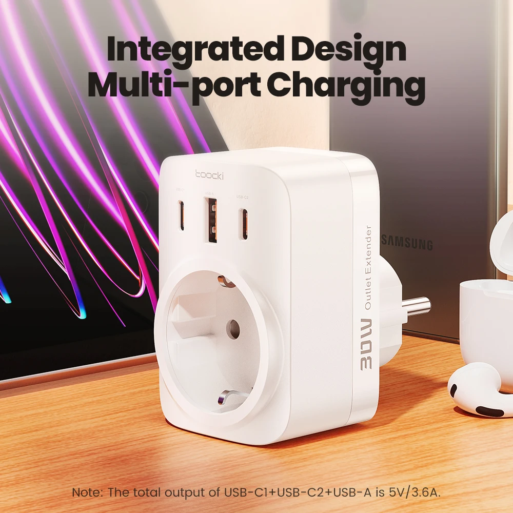 Toocki 30w GaN Charger USB A+Dual Type C Fast Charging With 3800w AC Port Wall Socket For Xiaomi iPhone Huawei Samsung Cellphone