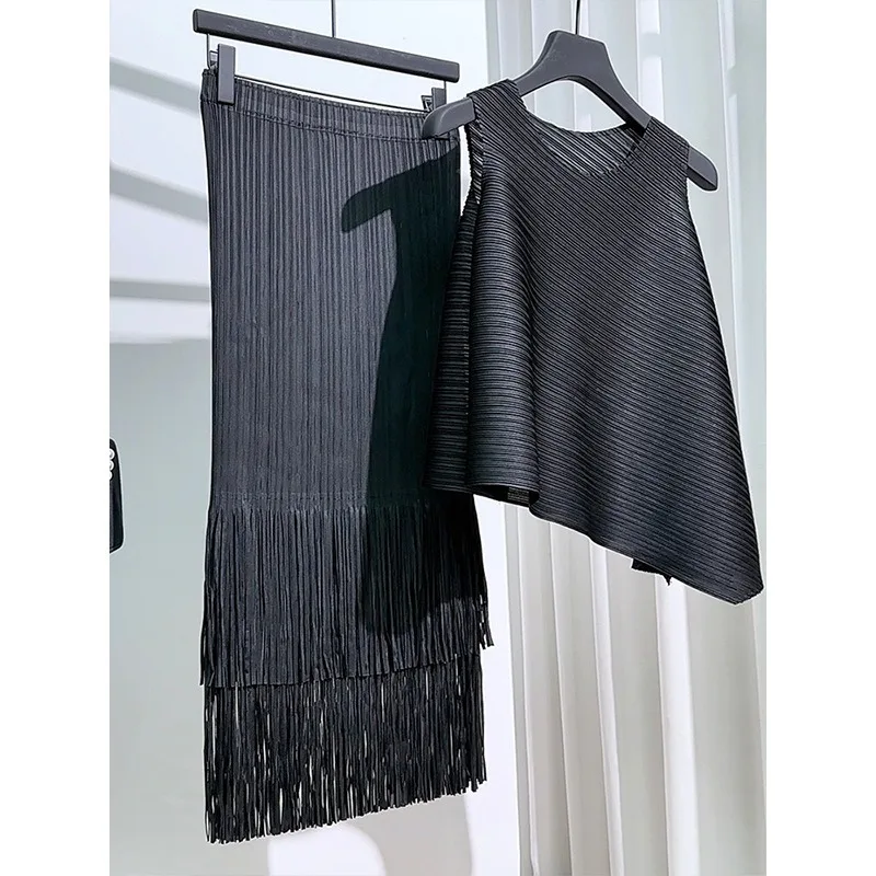 Miyake 2026 Summer T-Shirt Lightweight Loose Sleeveless Crew Neck Top Pleats Stretch Fringe Skirt Beach Vacation Women Clothing