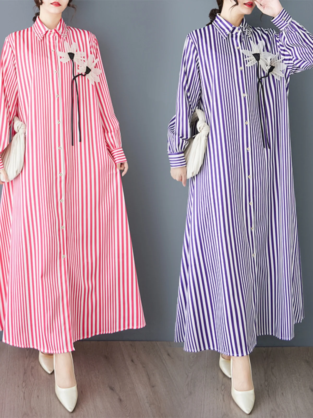 2025년 봄 신상 롱 셔츠 드레스 여성 루즈핏 플로럴 3D 프린트 캐주얼 만능 스트라이프 맥시 드레스 출퇴근룩