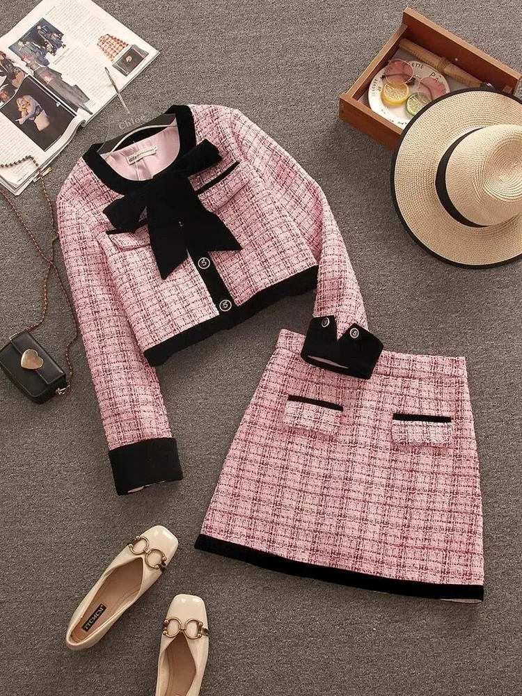 Autumn Winter Small Fragrance Tweed Two Piece Set Women Short Jacket Coat + Skirt Suits Korean 2 Piece Sets Women Outfit