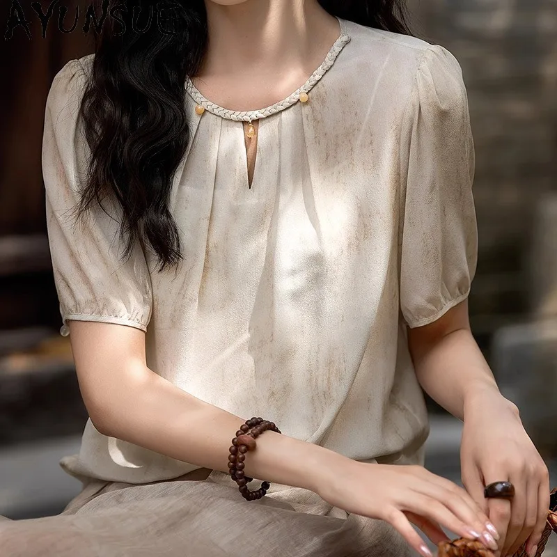 AYUNSUE 100% Mulberry Silk Women T Shirts Casual Printed Short Sleeve Tops for Woman Summer T Shirt Woman Clothes Топ Женский