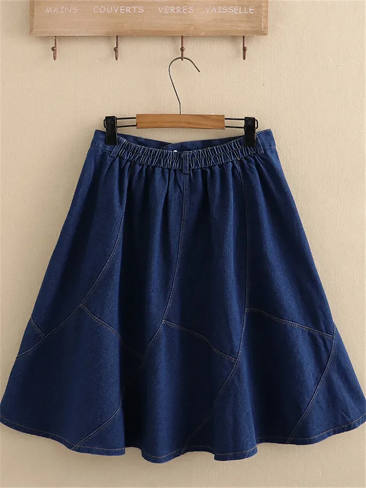 Plus Size Women's Denim Skirt Elastic Belt Button Loose Big Hem  Knee-Length Thin Denim Fabric Splice Umbrella