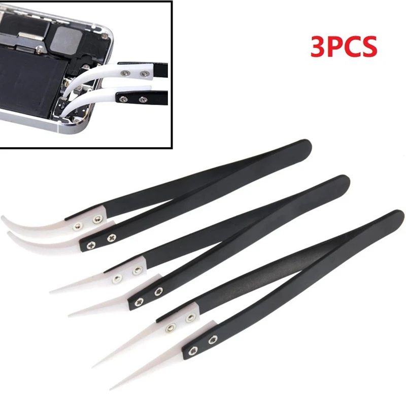 

3Pcs Ceramic Tweezers With Black Handle Corrosion-Resistant Insulation Maintenance And Clamping Tools