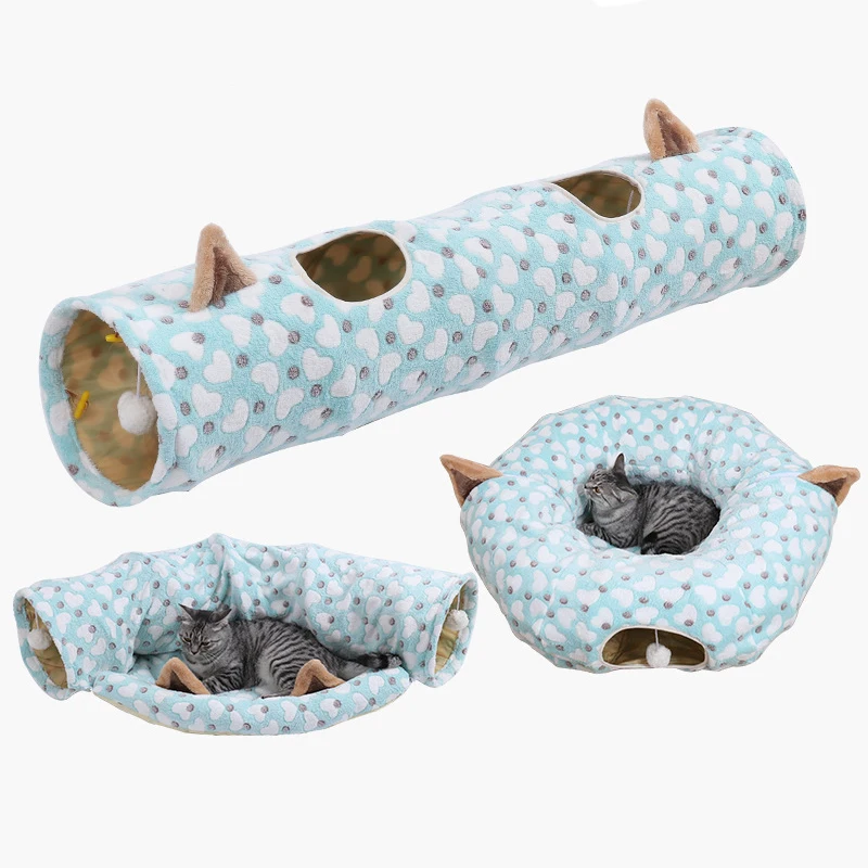 

Cat Tunnel Bed with Fluffy Toy Balls, Kitten Tunnel Play Tube Washable Collapsible for Cats and Small Dogs