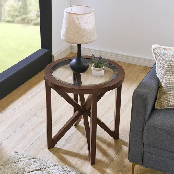 

Modern round coffee table with tempered glass top and solid wood base