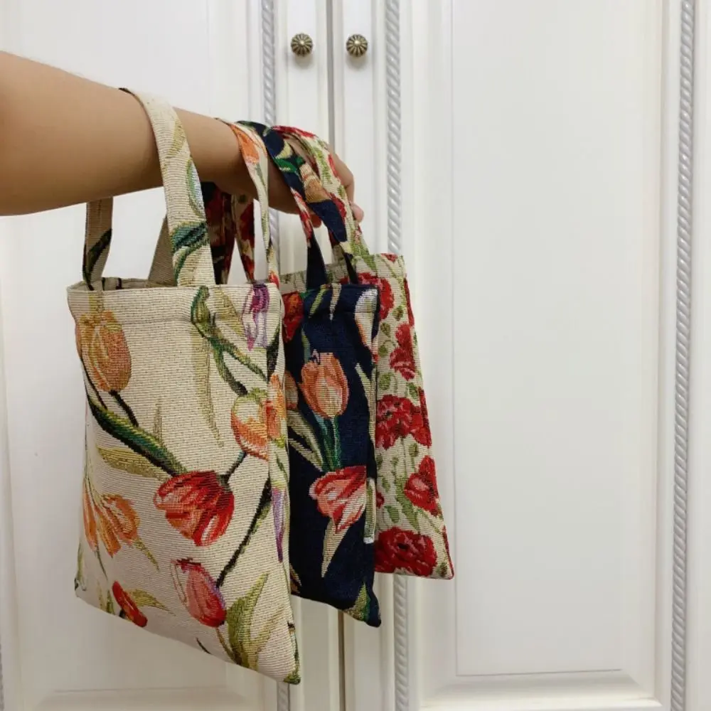 Vintage Flower Clutch Purse Household Tulip Flower Printed Vintage Shoulder Bags Handle Portable Retro Flower Handbag Travel