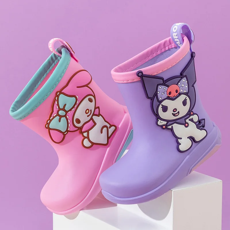 Kuromi Sanrio Waterproof Rain Shoes for Children with Velvet and Warm Cartoon Anti Slip and Wear Resistant Soft Sole High Boots