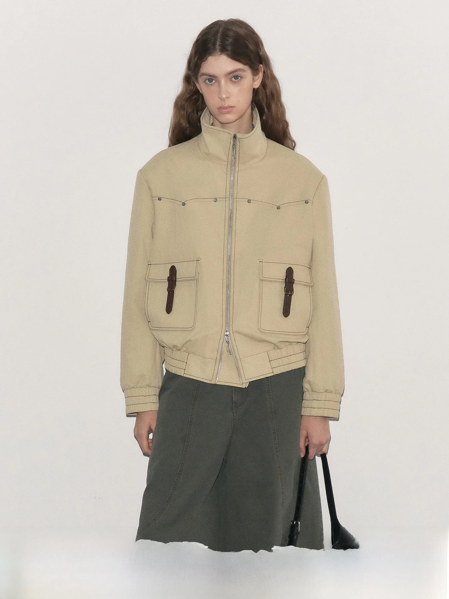 

TearOcean Retro Texture Double Zipper Stand Collar ort Straight Jaet Women Loose Casual Jaet Spring Commute Sle Cotto...