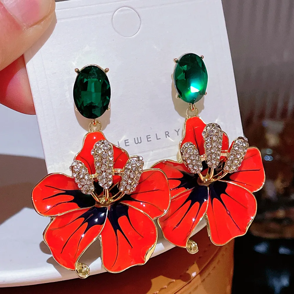Korean Fashion Orange Enamel Flowers Drop Earrings for Women Girls Green Crystal Dangle Earrings Party Jewelry Birthday Gifts