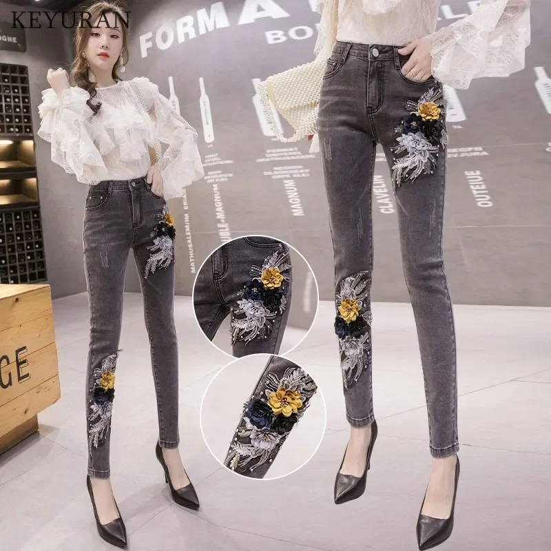 Imagem -03 - Calça Jeans Feminina Floral 3d Perolização Bordada Calça Longa Cintura Alta Lápis Elástico Calça Jeans para Senhoras Preta 2024