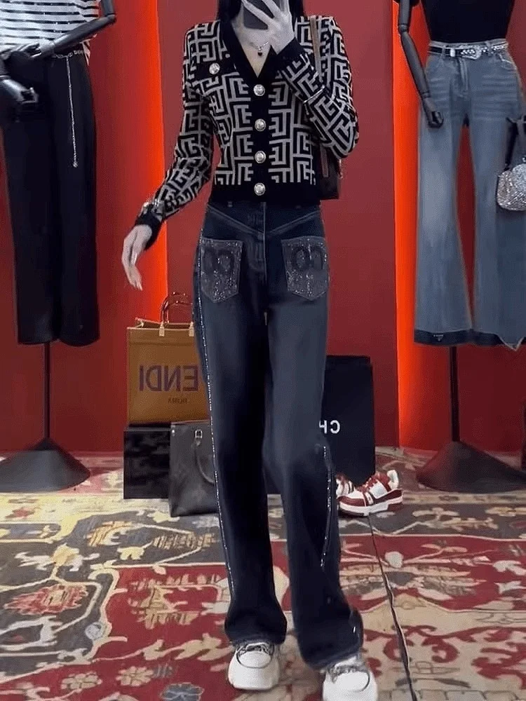 Cintura alta solta ajuste emagrecimento strass denim jeans feminino casual calças compridas outono coleção perna reta mistura de algodão azul