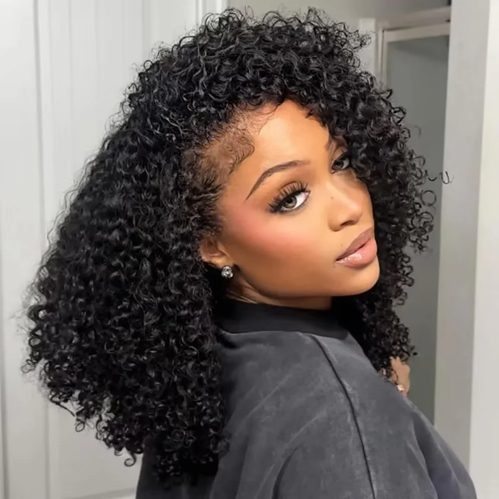 

3 In 1 Half Wig With Drawstring Seamless Clip Glueless Human Hair Wig Curly Headband Wig Adjustable & Breathable Wigs