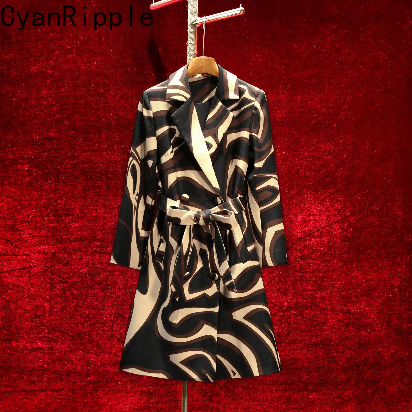 High Quality New Spring Autumn Elegant Long Sleeve Windbreaker Mid-long Geometric Printed Double-breasted Female Trench Coats