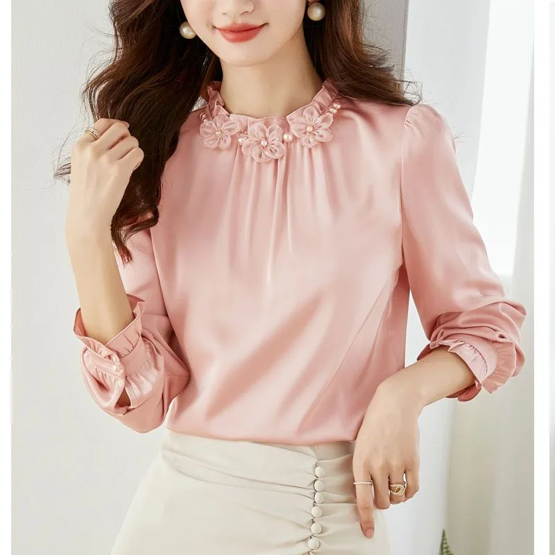 2023 Spring New Long Sleeve Female Clothing Round Neck Pullovers Fashion Tops Pleated Elegant Solid Color Chiffon Shirt