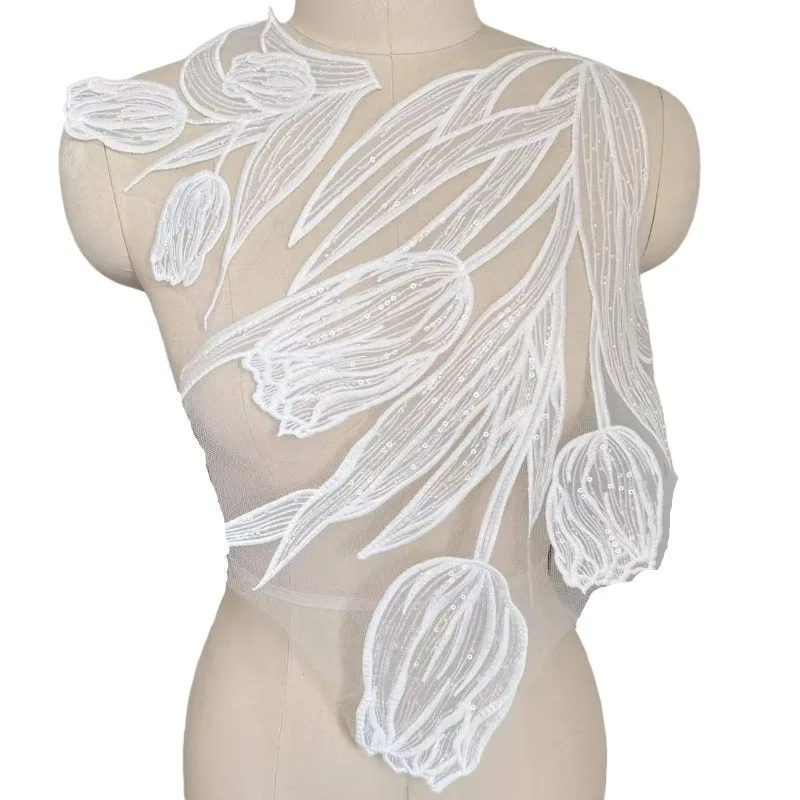 1 Group.Tulip Flower Bead Embroidery Collar Decal,Wedding Dress Bridal Front and Back Decoration Lace Embroidery Supplies