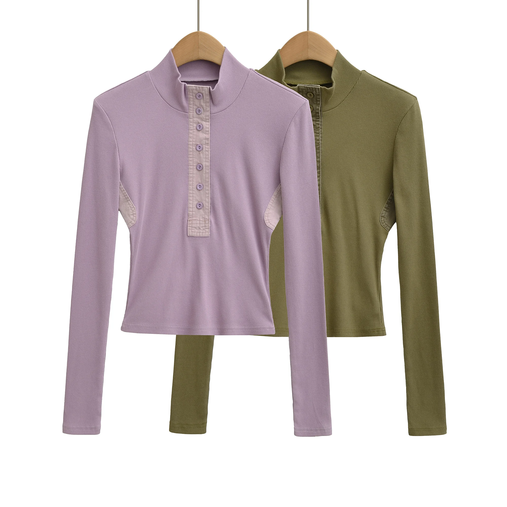 Nowe wiosenno-jesienne patchworkowe bluzki z wysokim kołnierzem, dopasowane koszulki damskie z długim rękawem, krótka bluzka bazowa typu crop top.