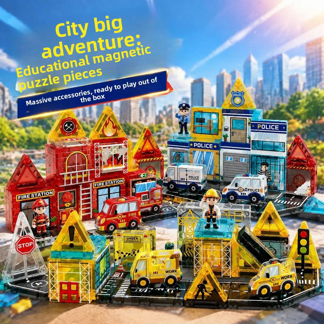 Portable Pocket Color Window Magnetic Tiles, Police Fire Military Engineering Scene, Kids Educational Building Blocks Toy