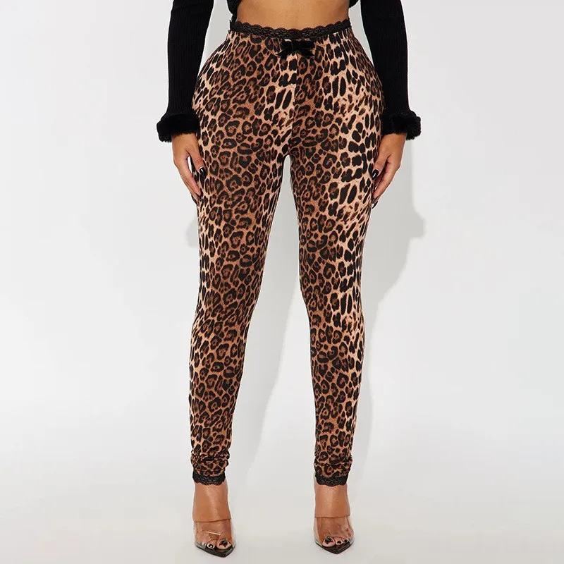 Spodnie codzienne Koronkowe spodnie Spodnie z nadrukiem Odzież damska Odzież domowa Obcisłe legginsy Nadruk zwierzęcy Kokarda Modny styl uliczny