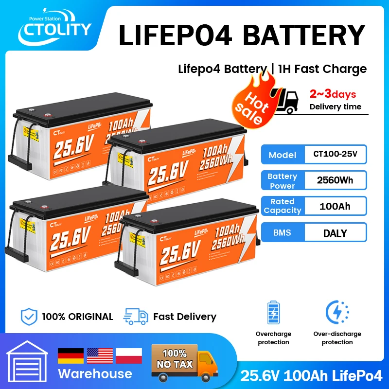 

CTOLITY 25.6V 100AH LiFePo4 Battery Pack 2560Wh 4000 Cycle Grade A 100Ah BMS Home Rechargeable Energy Storage Battery Camping RV