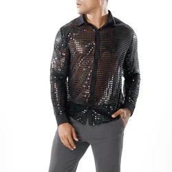 Men Sequined Shirt For Men Retro 70s Disco Daily 1 Fall Polyester + Mesh + Sequin Comfy Mens Golden Spring Hot