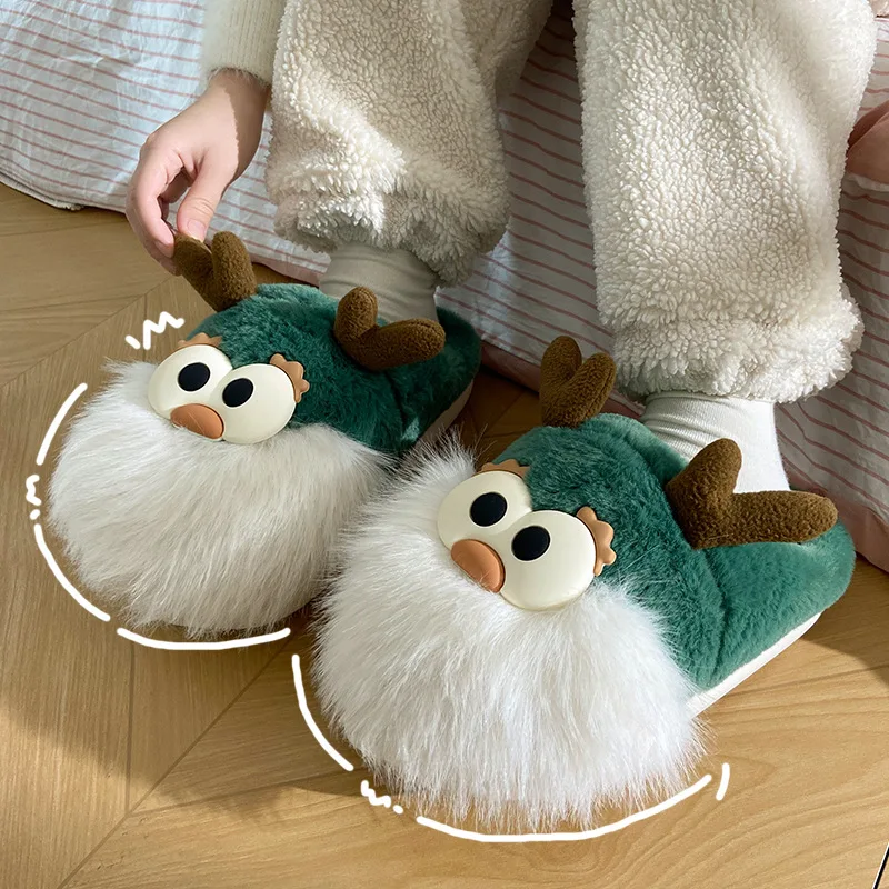 New Fluffy Christmas Slippers Women\'s Cute Deer Floor Shoes Woman Flip Flops Warm Winter Mules Funny Home Shoes Unisex Slippers