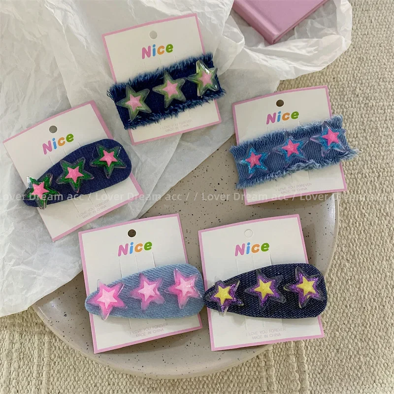 2023 New Pentagram Hairpin Girls Trendy Y2k Denim Snap Clips Korean Summer Sweet Cute Star Barrettes Hair Accessories for Women