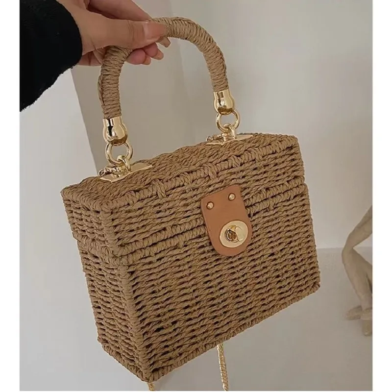 New rattan black straw Shoulder Bag Women hand-woven Messenger Bag Summer Beach Square box Straw Handbag For lady Bolsa Feminina