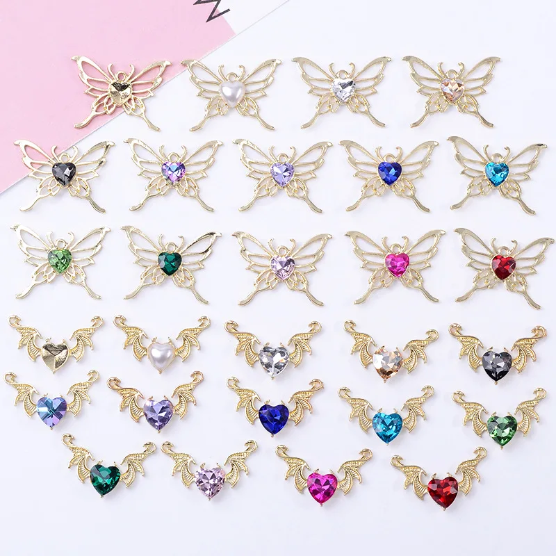 10pcs DIY Jewellery Devil Wings Love Heart Crystal Pendant Openwork Butterfly Baroque Style Alloy Pendant