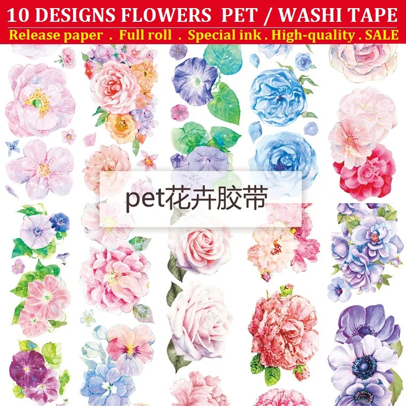 

10 Design PET Washi Masking Tape Flowers Rose Planner Japanese Decor Adhesive DIY Stickers Diary Scrapbooking Journal stationary