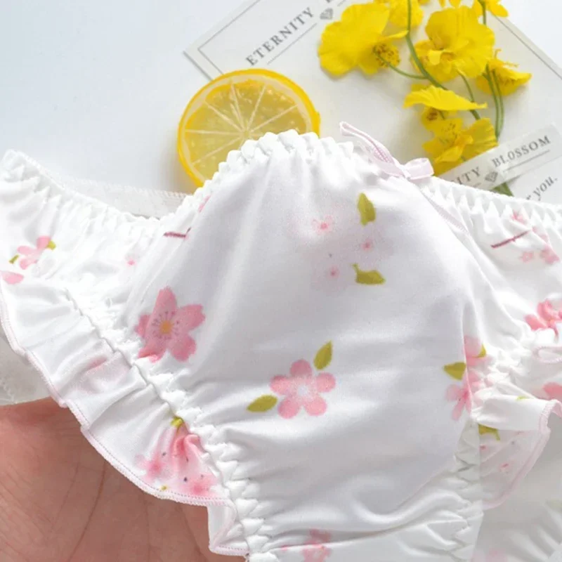 Floral Clouds Cartoon Cute Lovely Sweety Women Lolita Princess Style Ruffle Stretch Underwear Low Waist Milk Silk Soft Panties