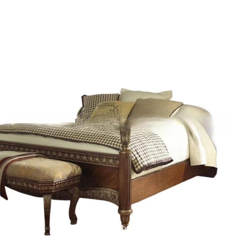 

High-end furniture European solid wood oak bed villa bedroom retro old carved wedding double bed