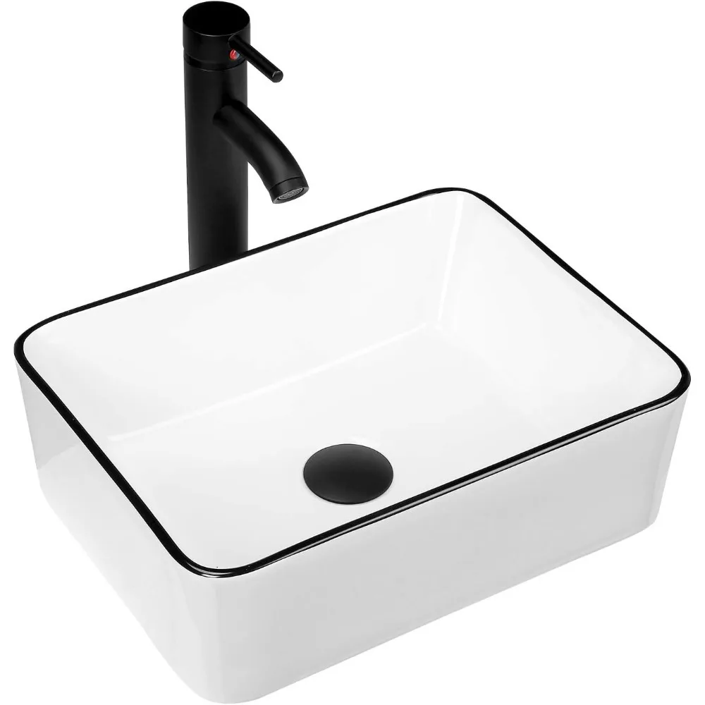 

16x12 White Rectangle Above Counter Vessel Sink with Black Edge and Faucet for Small Bathroom