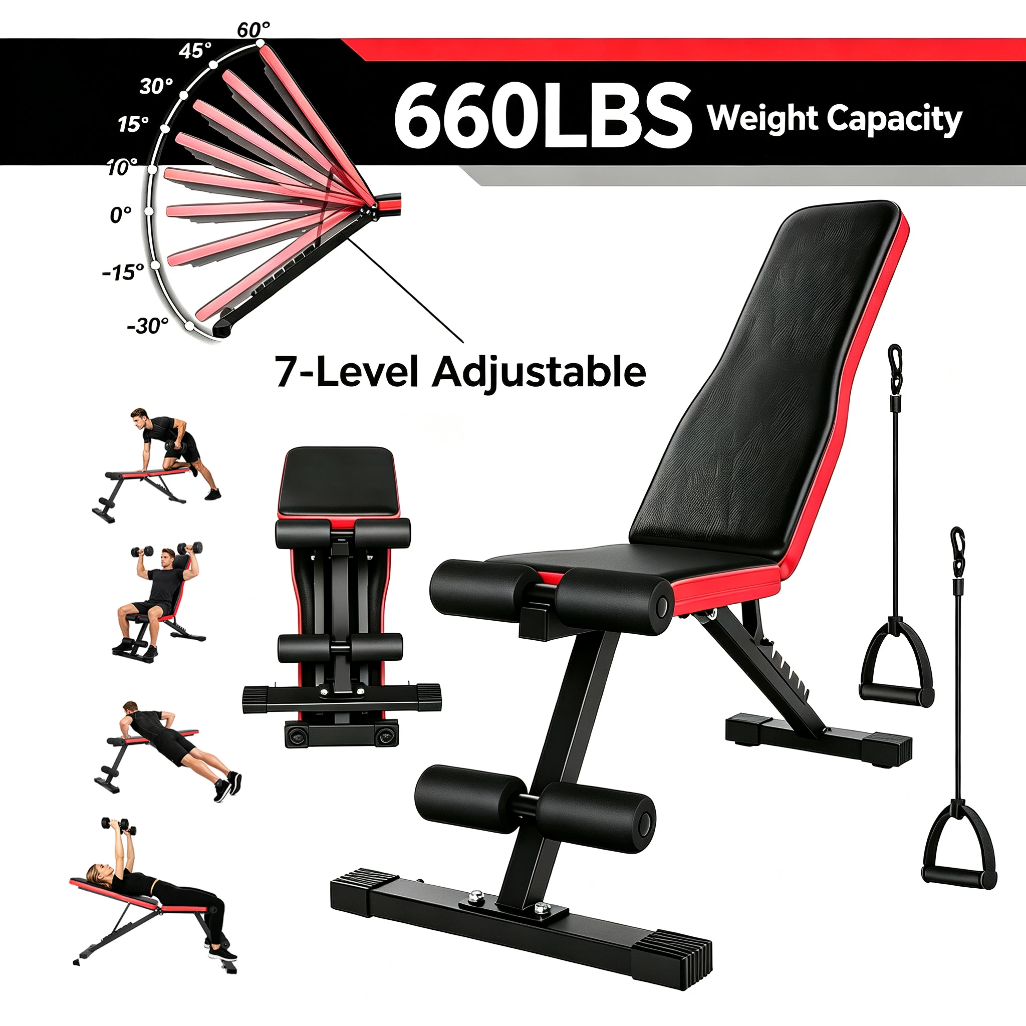 Banc de musculation pliable réglable sur 7 niveaux, banc d'entraînement robuste en acier de 660 lb pour l'entraînement complet du corps, banc de musculation inclinable/déclinable/plat pour la maison