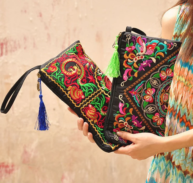 Bolso de mano con borlas para mujer, cartera de mano con diseño étnico, nacional, Retro, mariposa, flor, bordada, solapa pequeña, oferta de verano