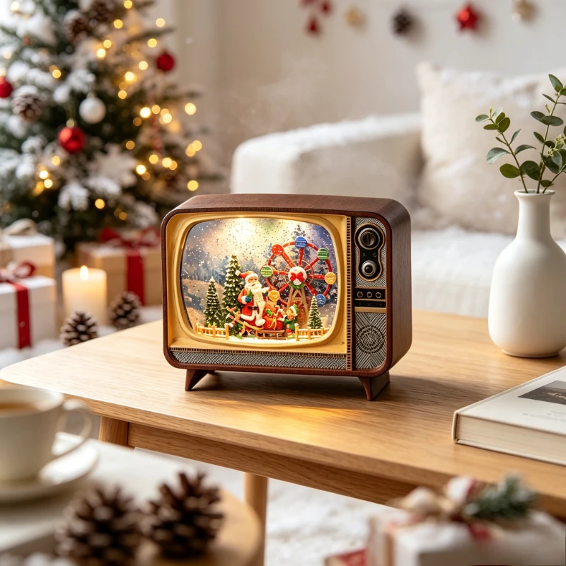 Crystal TV-Shape Music Box, Snow Globe with Auto-Snowfall for Christmas Gift, Festive Tabletop Decorative Ornament for Home