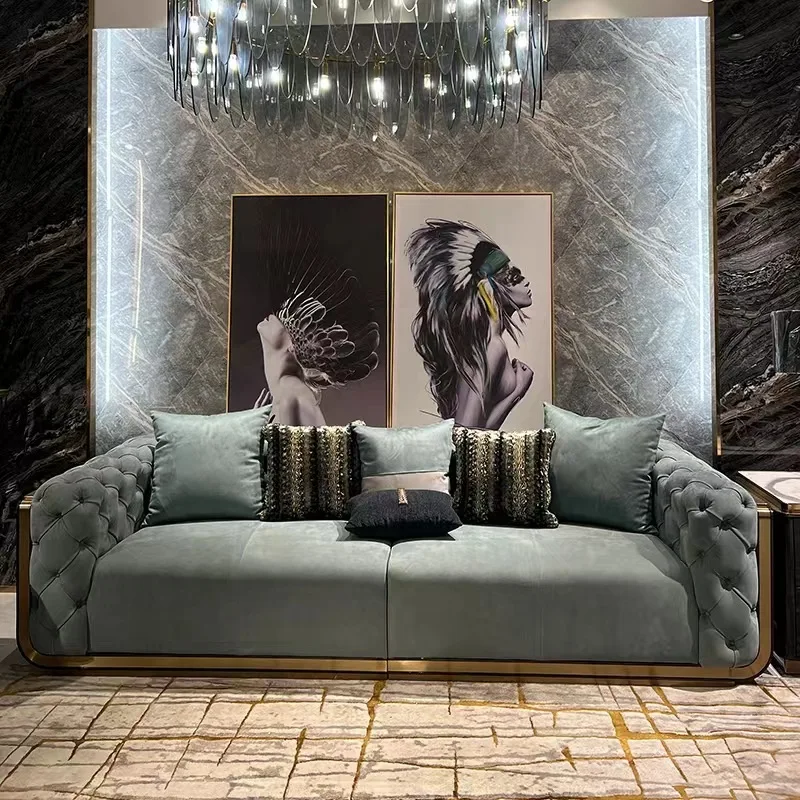 High End Luxury Modern Villa 1 2 3 Seater Upholstered Chesterfield Leather Sectional Sofas with Coffee Table Set for Living Room