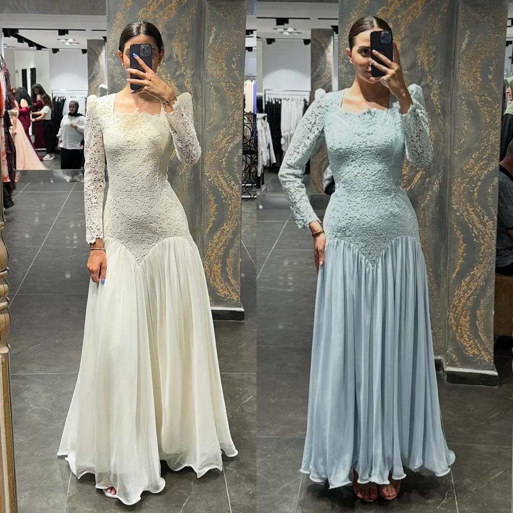 

Customized Pleat Lace Square Neck Trumpet Long Dresses Bespoke Occasion Simple Fashion Prom Party Gown Wedding Guest Chic