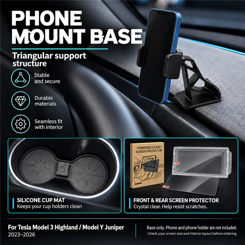 HEENVN Screen Protector Tempered Glass for Tesla Model 3 Highland/Model Y Juniper 2023-2026 Phone Holder Base Cup Mat Car