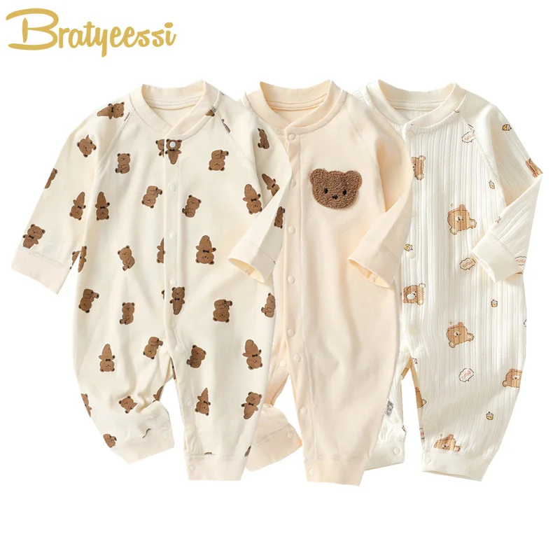 Muslin Newborn Jumpsuit Cartoon Bear Long Sleeves Baby Rompers for Boys Girls Spring Clothes Infant Outfit Toddler Onesie 0-18M