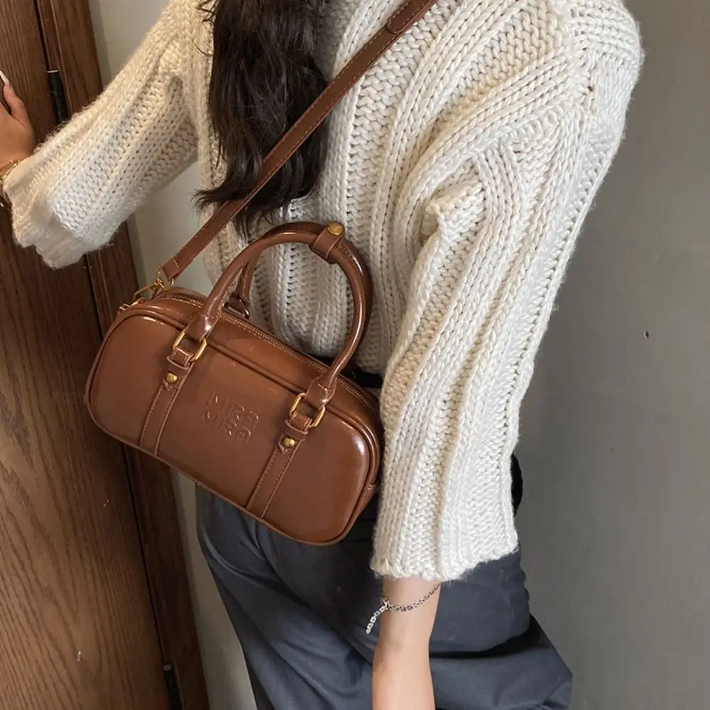 

Portable PU Leather Bowling Bag Handbag Solid Color PU Boston Bag Korean Style Large Capacity Sling Bag Girls/Female