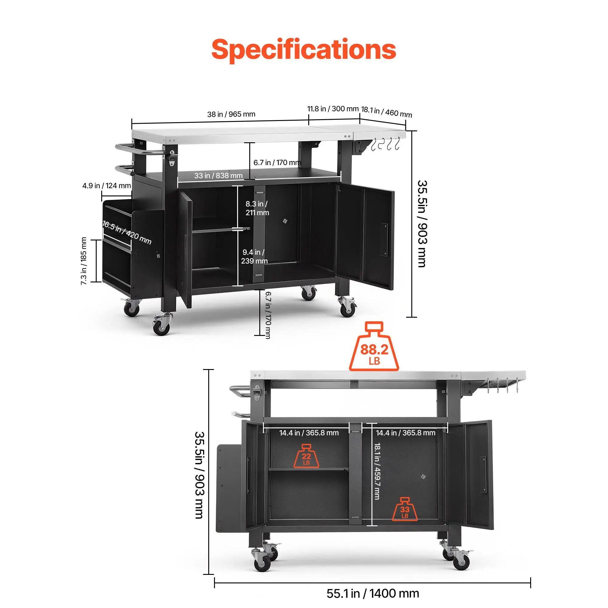 Outdoor Grill Cart with Storage Cabinet, 55.1 Inch Grill Table, Waterproof Kitchen Island with Stainless Steel Top, Shelf, and Wheels, Movable Food Prep Station for Patio Bar Backyard BBQ